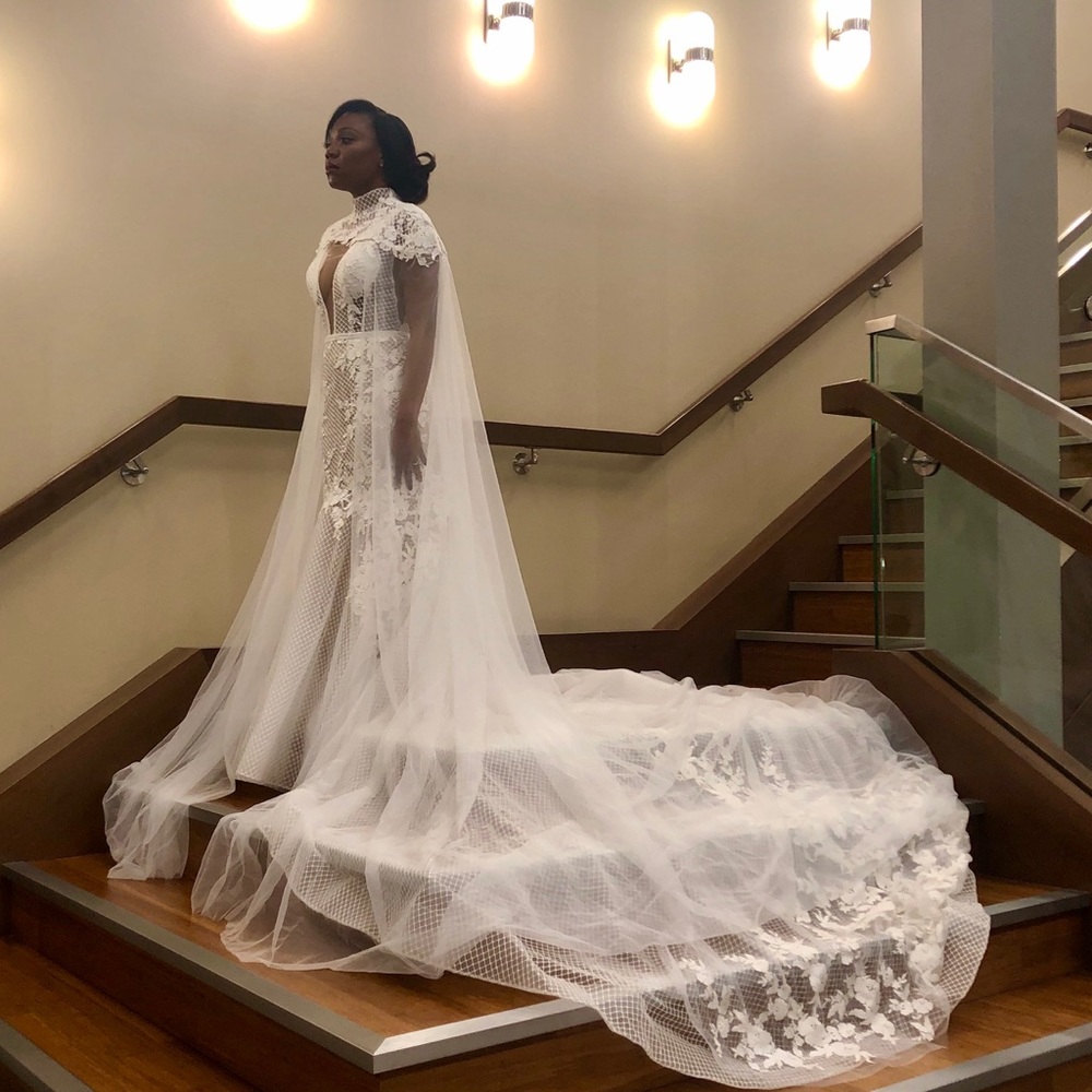 Custom Two Piece Cape Nude Bridal Gown